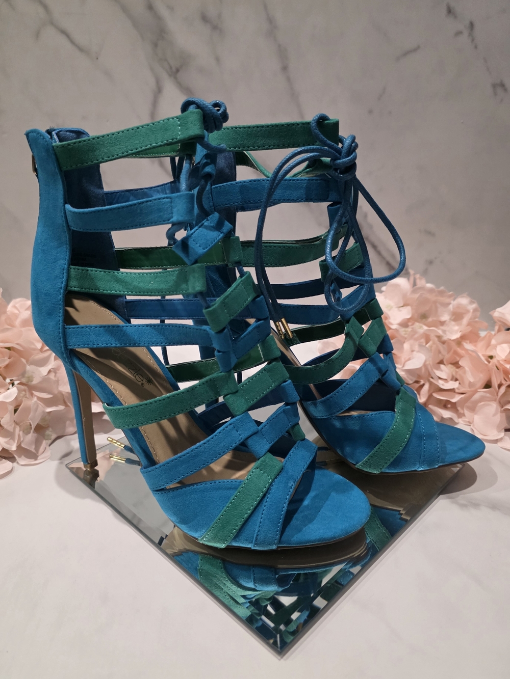 Shoe Dazzle - Strappy Lace-Up Heels - Teal & Green